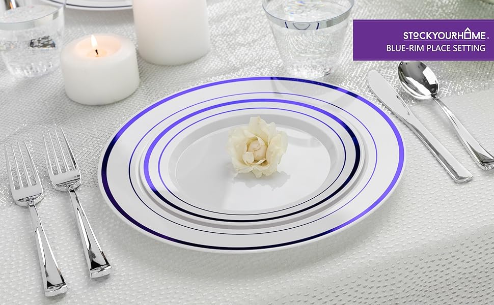 Fancy Disposable Plates with Cutlery - Blue Plastic Party Plates - Silverware for Weddings
