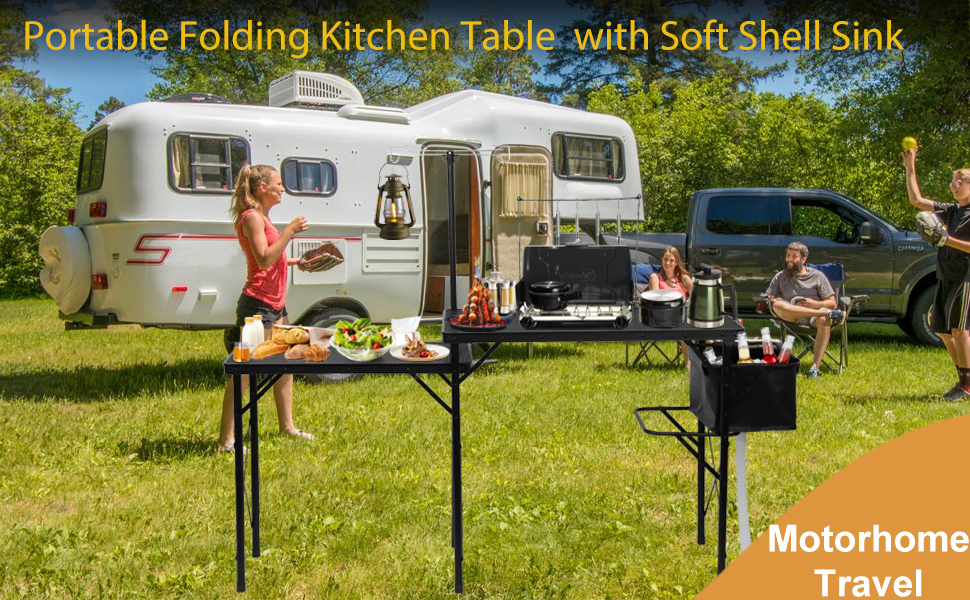 Portable Folding Kitchen Table  with Soft Shell Sink Folding Compaing Table