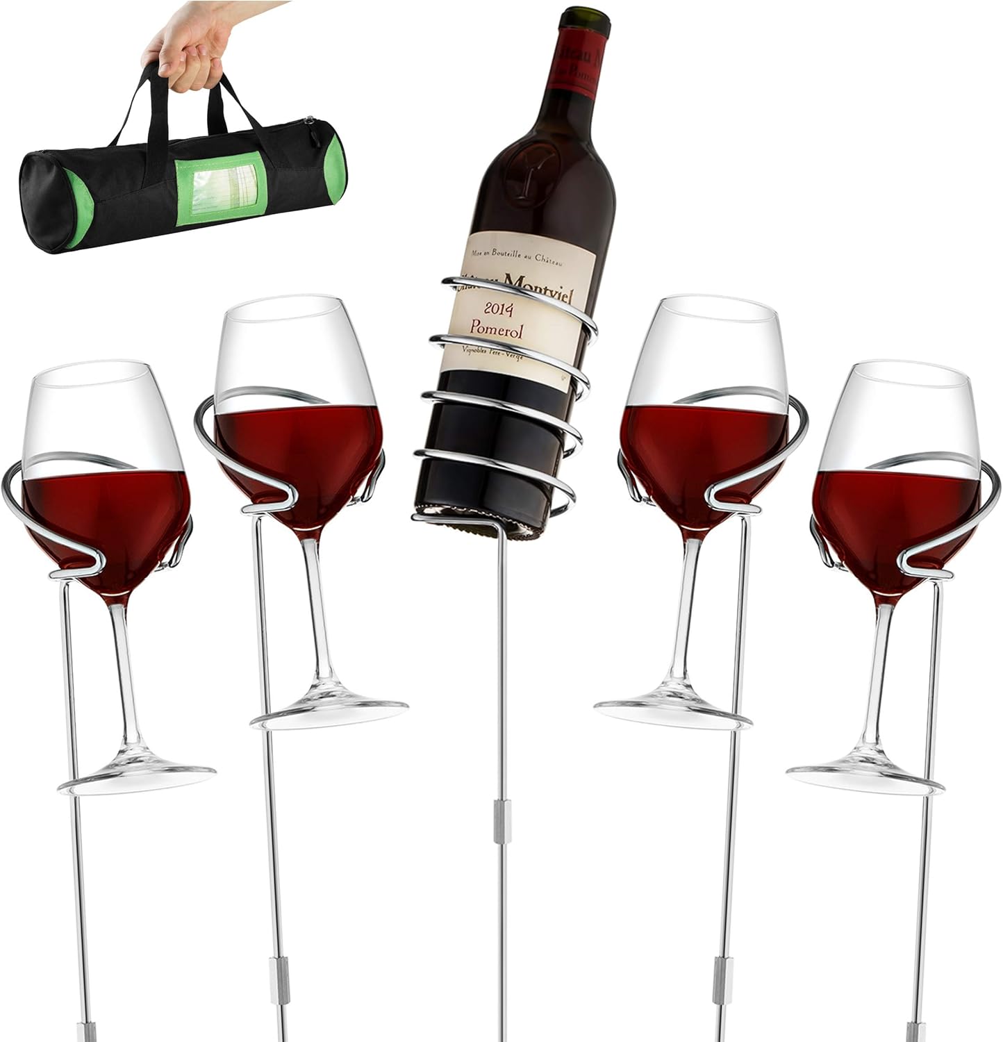 Wine Bottle & Cup stakes Holder Rack - Adjustable Height to 36 INCHES, Durable Metallic Frame, Sturdy Base & Secure Grip | Holds Bottles Of Wine, Beer,Champagne,Beverages,Glasses& More 5 Pieces Set