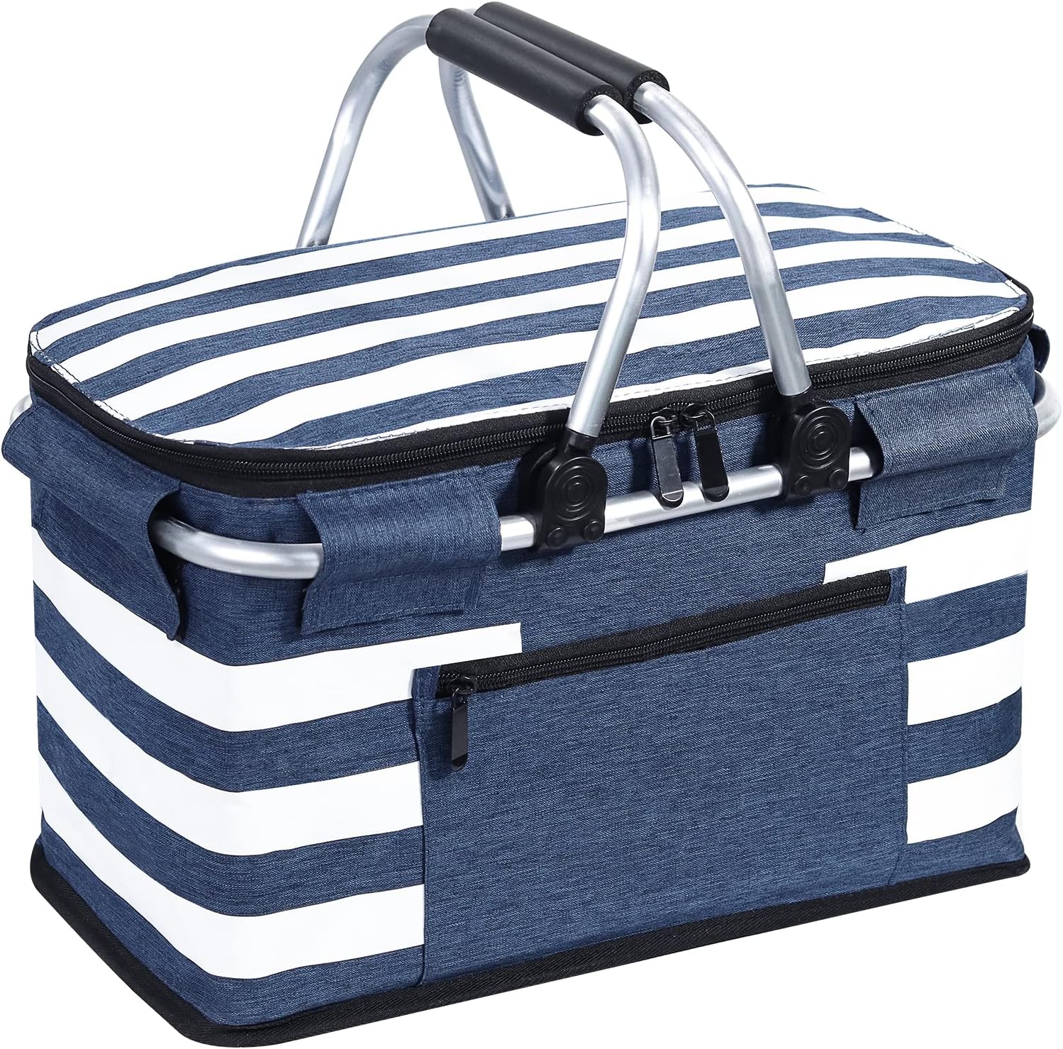 Insulated Picnic Basket,Leak-Proof Collapsible Cooler Bag,26L Grocery Basket with Lid,2 Sturdy Handles,Storage Basket for Picnic,Food Delivery,Take Outs,Market Shopping,Travel (Blue)