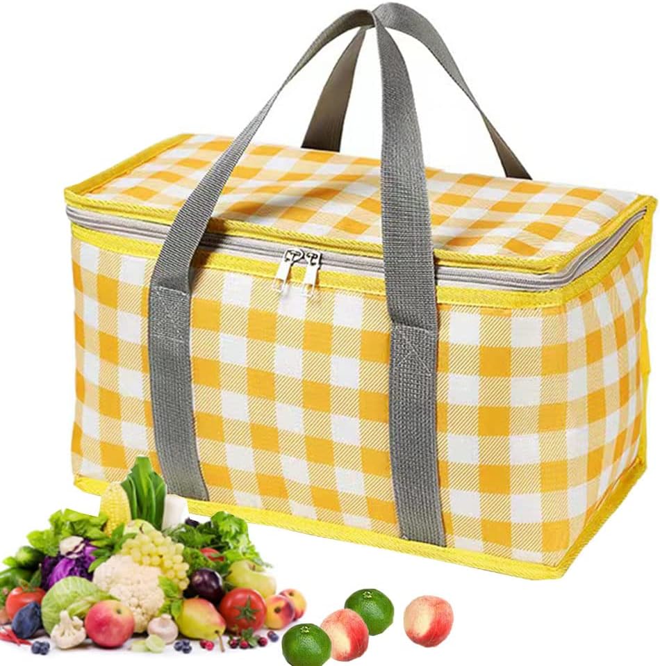 Insulated Reusable Food Picnic Bag Beach Bags, Cooler Bags with Zippered Top -for Hot or Cold,Picnic Basket Collapsible,Beach, Outdoor Party, Camping,Festivals (Yellow)