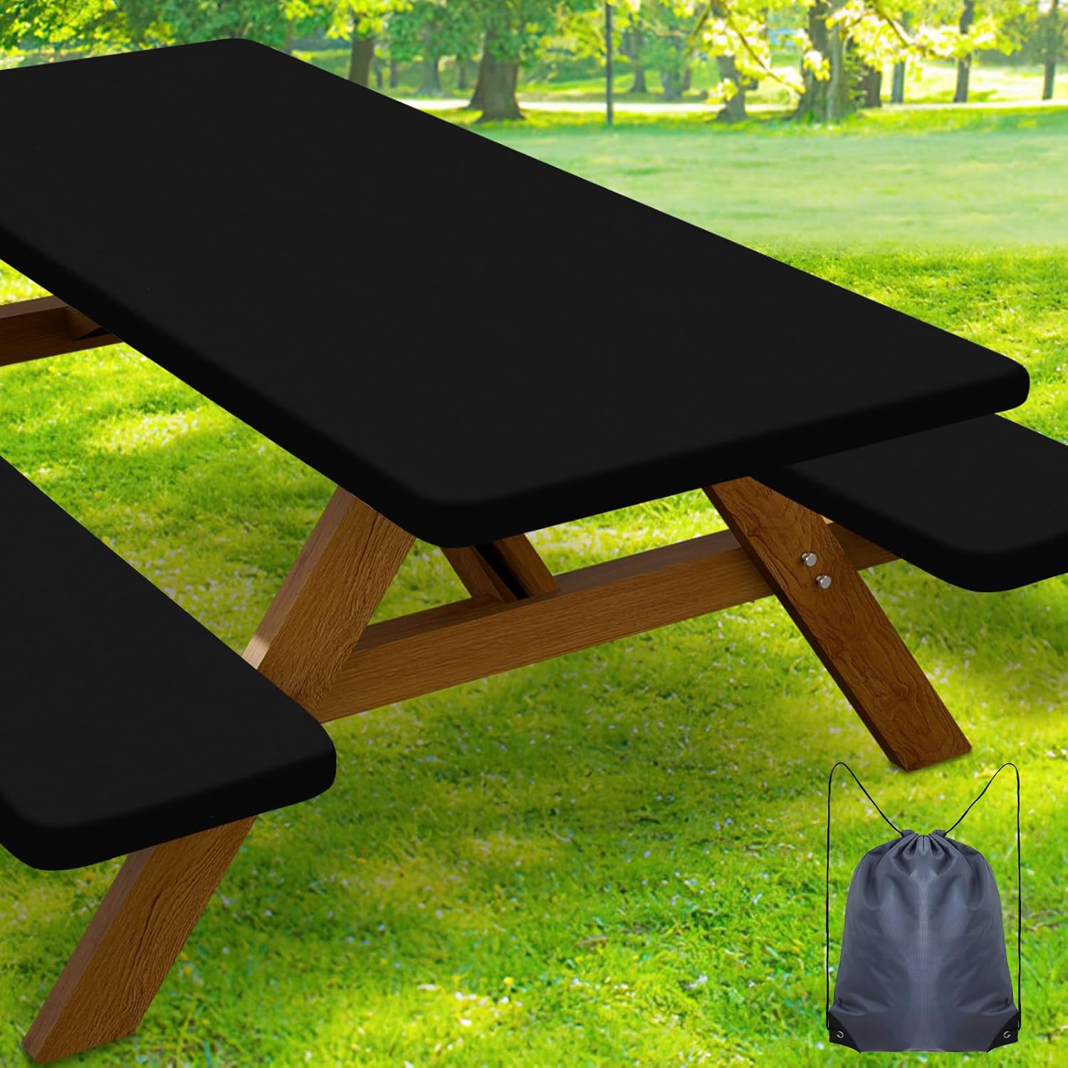 Smiry Picnic Table Cover with Bench Covers, Waterproof Elastic Fitted Polyester Tablecloths for 6 Ft Rectangle Tables, Washable Windproof Tablecloth for Camping, RV & Outdoor (Black, 30x72 Inches)