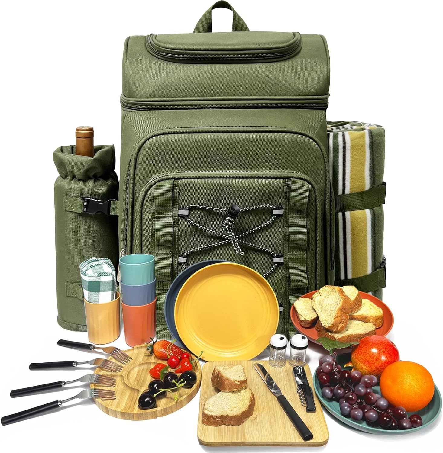 Hap Tim Picnic Basket Backpack for 4 Person with Blanket, Insulated Leakproof Cooler Compartment, Wine Holder, Cutlery Set, Engagement Gifts for Couples, White Elephant Gift Ideas, Green (36221-GR)