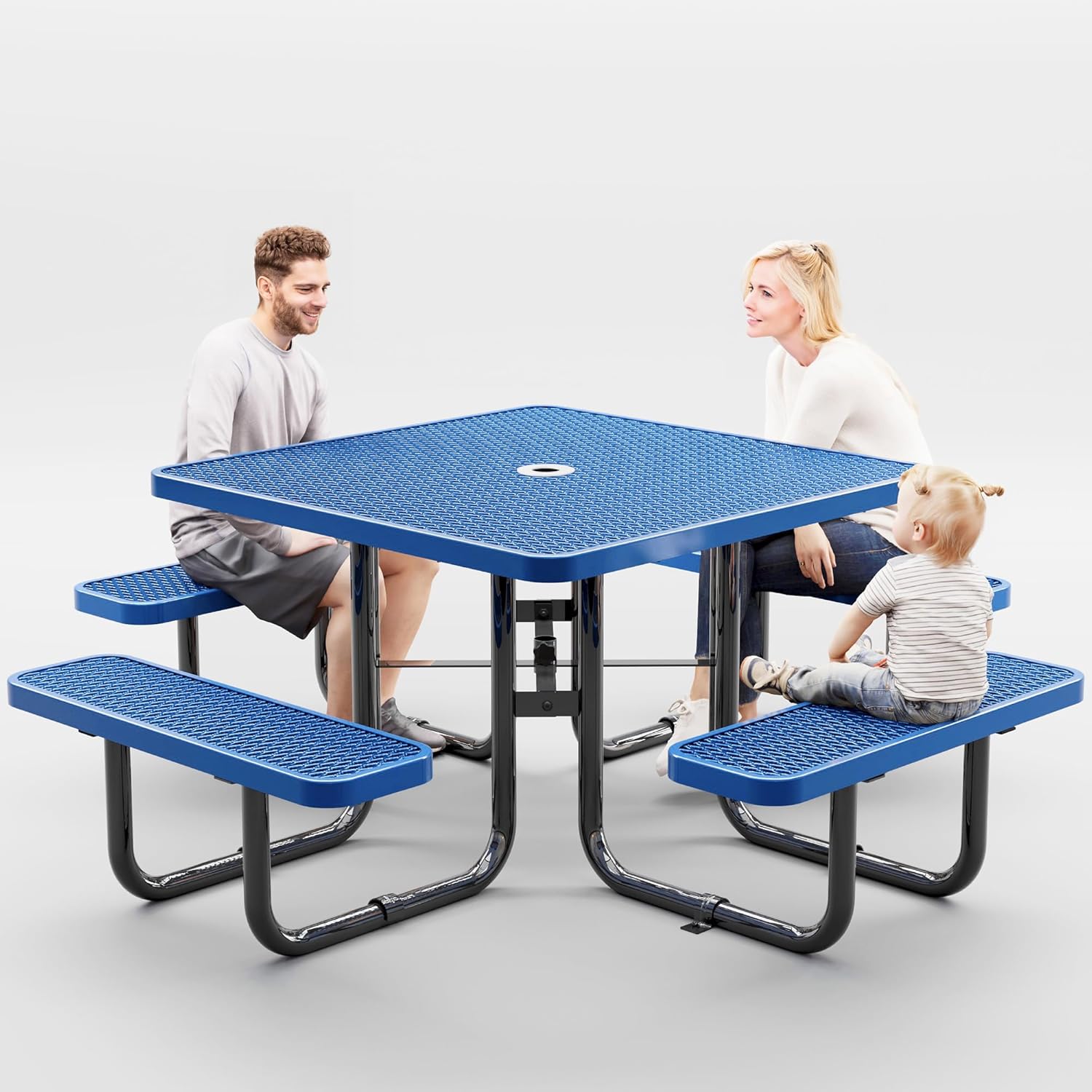 Metal Picnic Tables for Outdoors with Umbrella Hole - Coated Steel Heavy Duty Commercial Grade Table with Adjustable Seats (Blue, 46 in, Square, Expanded Steel)