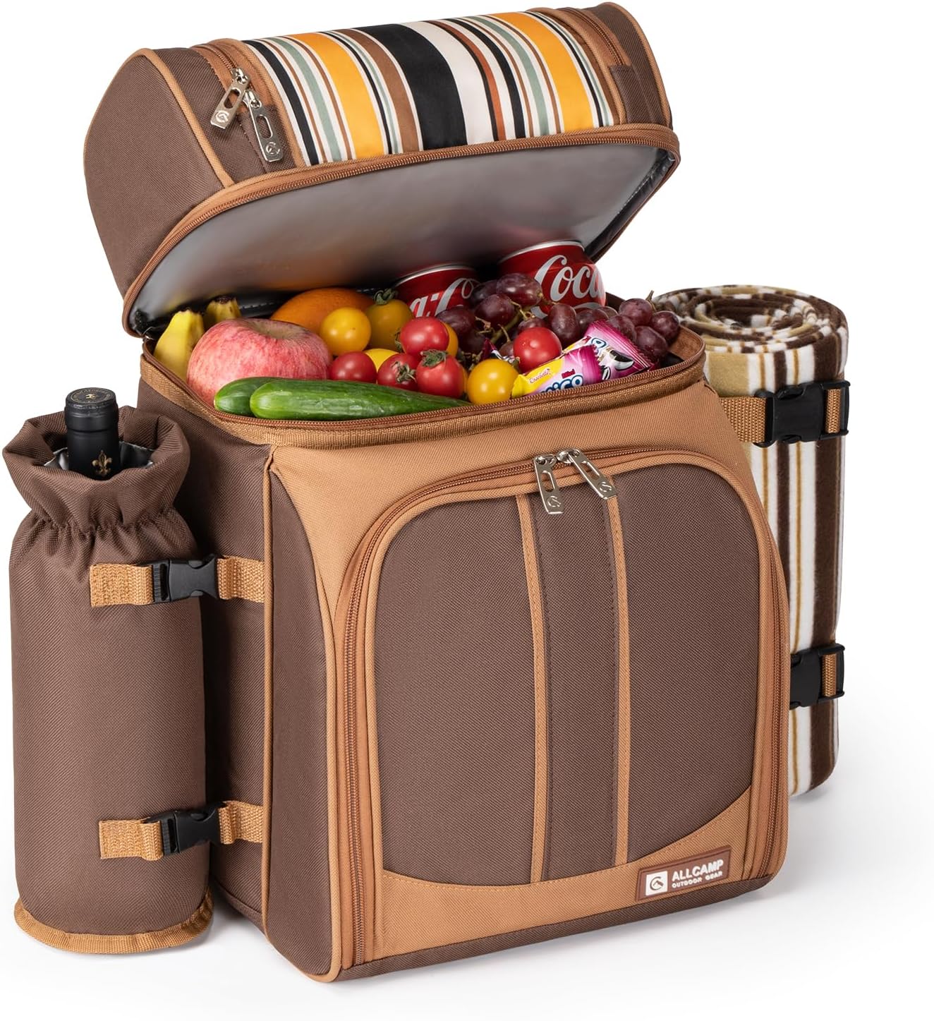 ALLCAMP Picnic Basket Backpack Cooler for 2 Person with 2 Insulated Cooler Compartment,Detachable Bottle/Wine Holder, Fleece Blanket, Plates and Cutlery for Family,Couple and Friend gatherings (Brown)