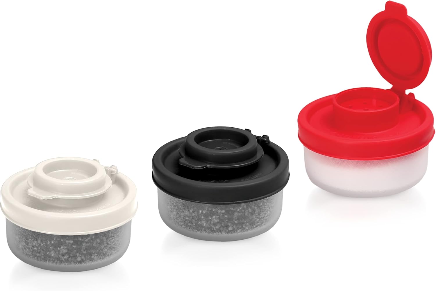 SIGNORAWARE Salt and Pepper Shakers Moisture Proof Mini Salt Shaker to go Camping Picnic Outdoors Kitchen Lunch Boxes Travel Spice Set Clear with colored lids Plastic Airtight Dispenser (Small,3 pack)