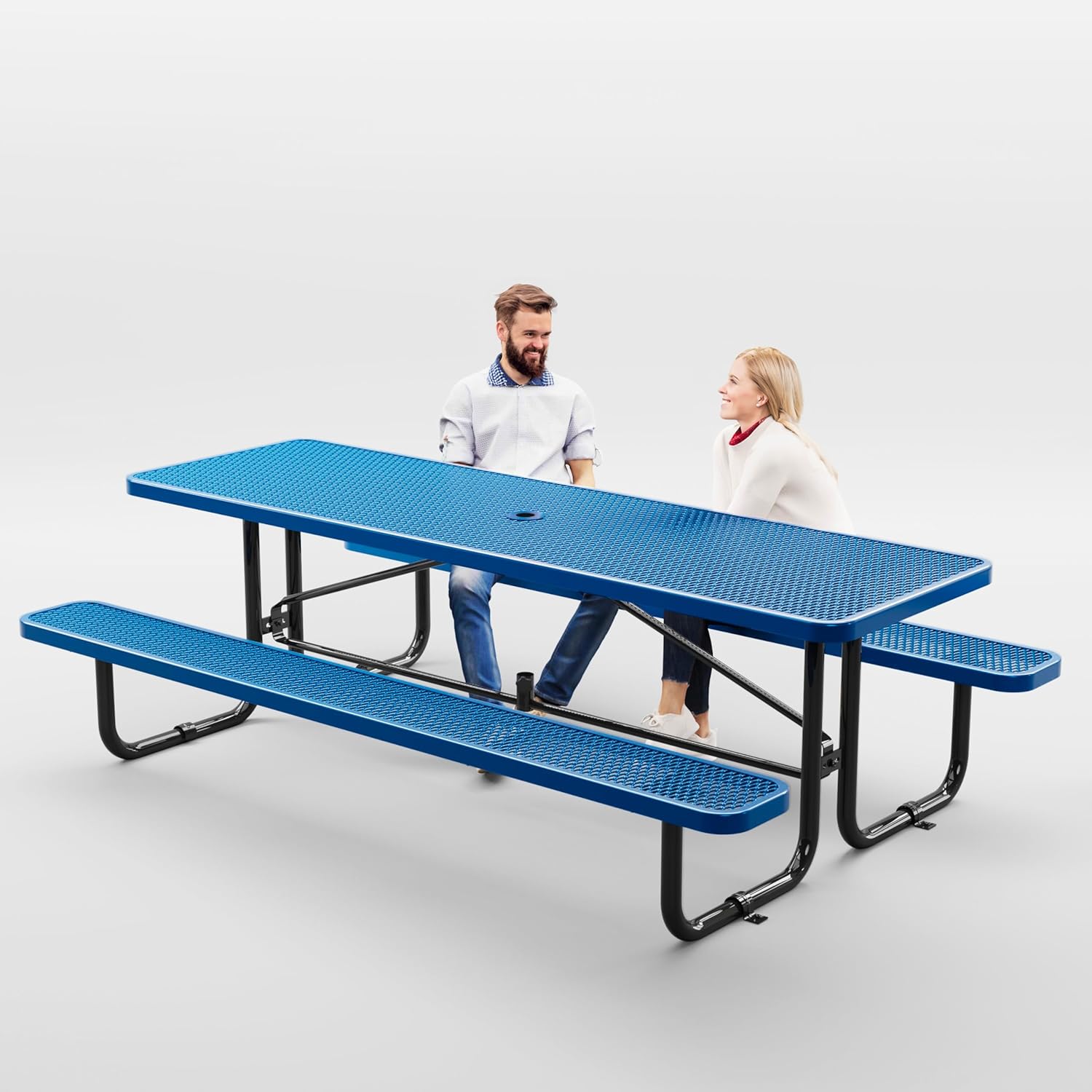 Metal Picnic Tables for Outdoors with Umbrella Hole - Coated Steel Heavy Duty Commercial Grade Table with Adjustable Seats, Patio Furniture Set for a Lifetime (8' Rectangular, Blue)