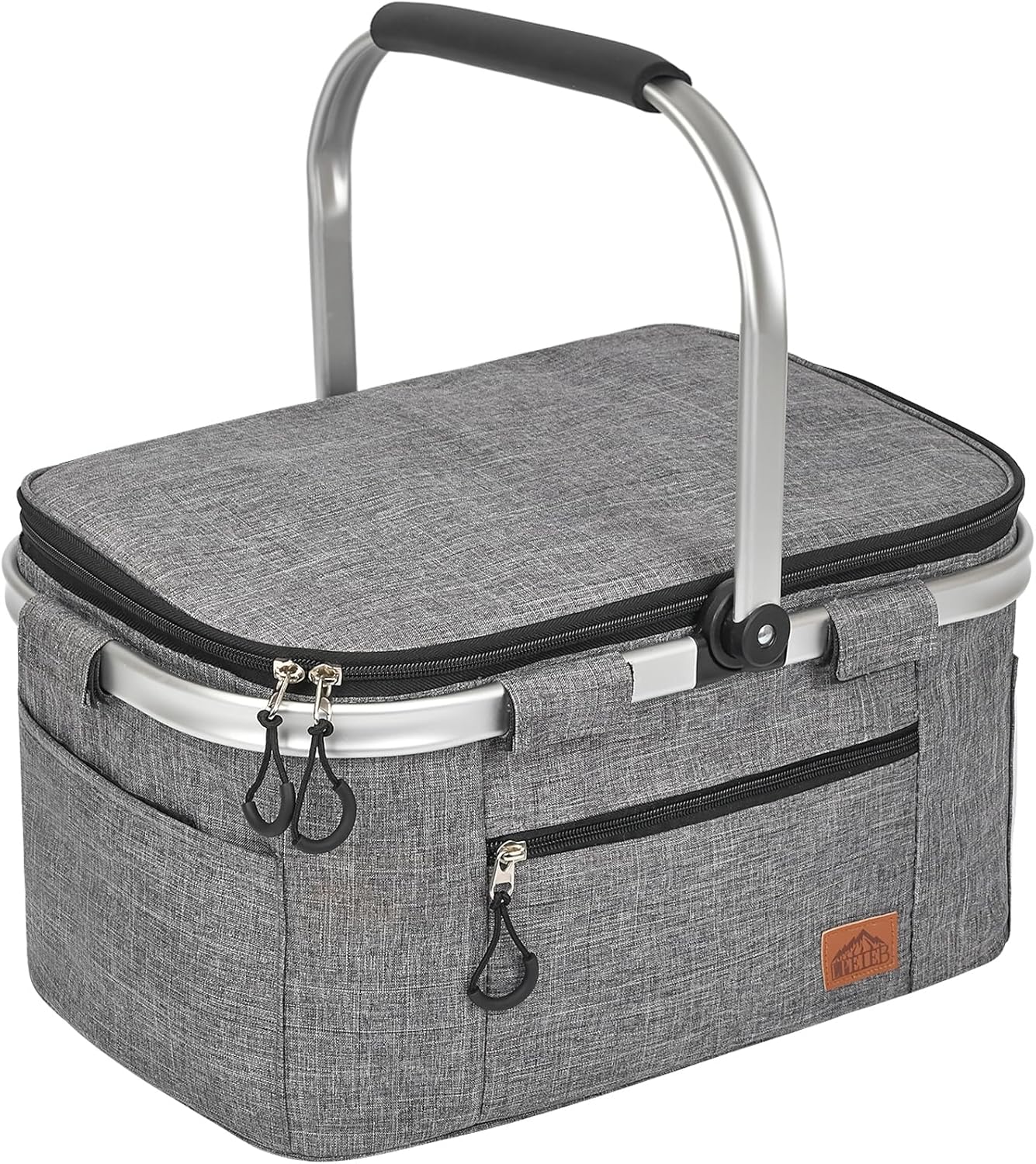 Insulated Cooler Bag Multipocket Collapsible Picnic Basket Leak-Proof Outdoor Basket for Camping Meal Delivery Shopping Travel Camping Beach Grocery Bag (Gray Medium)