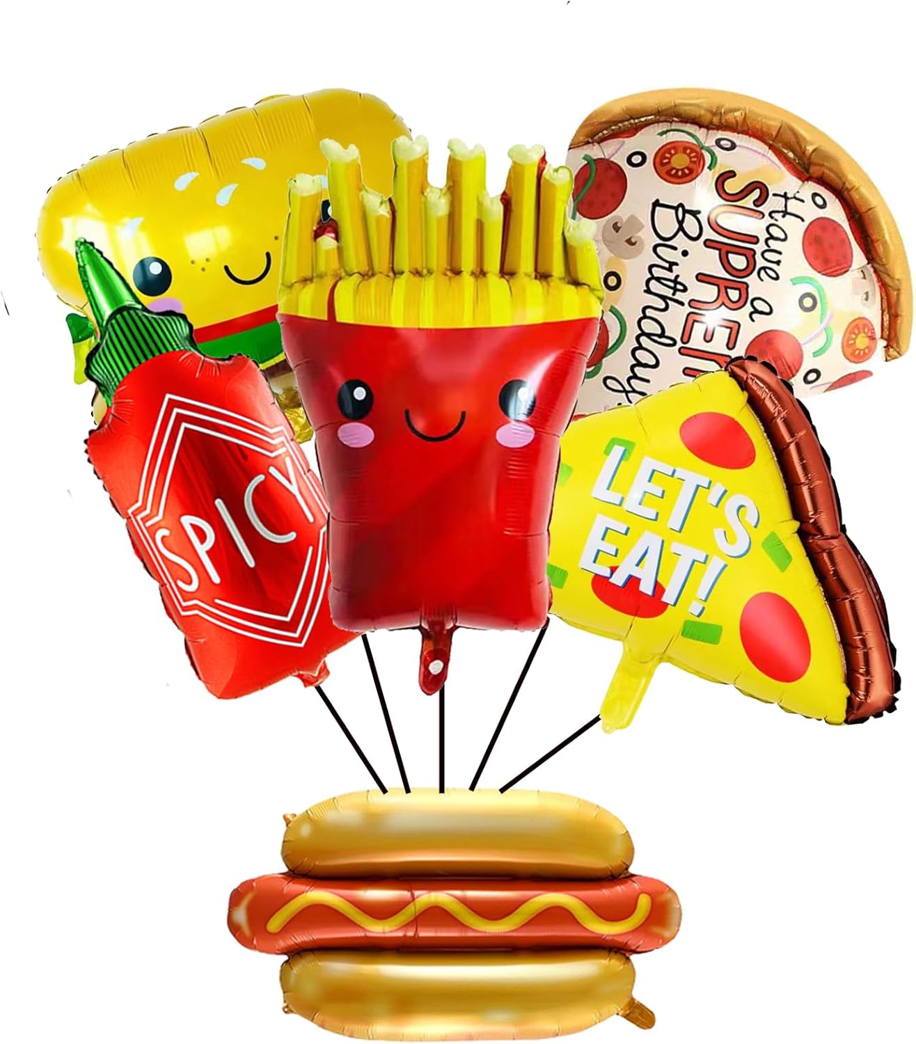 6PCS Hamburger Hot Dog Ketchup Bottles Mustard Bottles French Fries Pizza Slice Shaped Foil Balloons Food Balloons for Birthday Baby Shower BBQ Picnic Cookout Fast Food Snacks Party Decorations