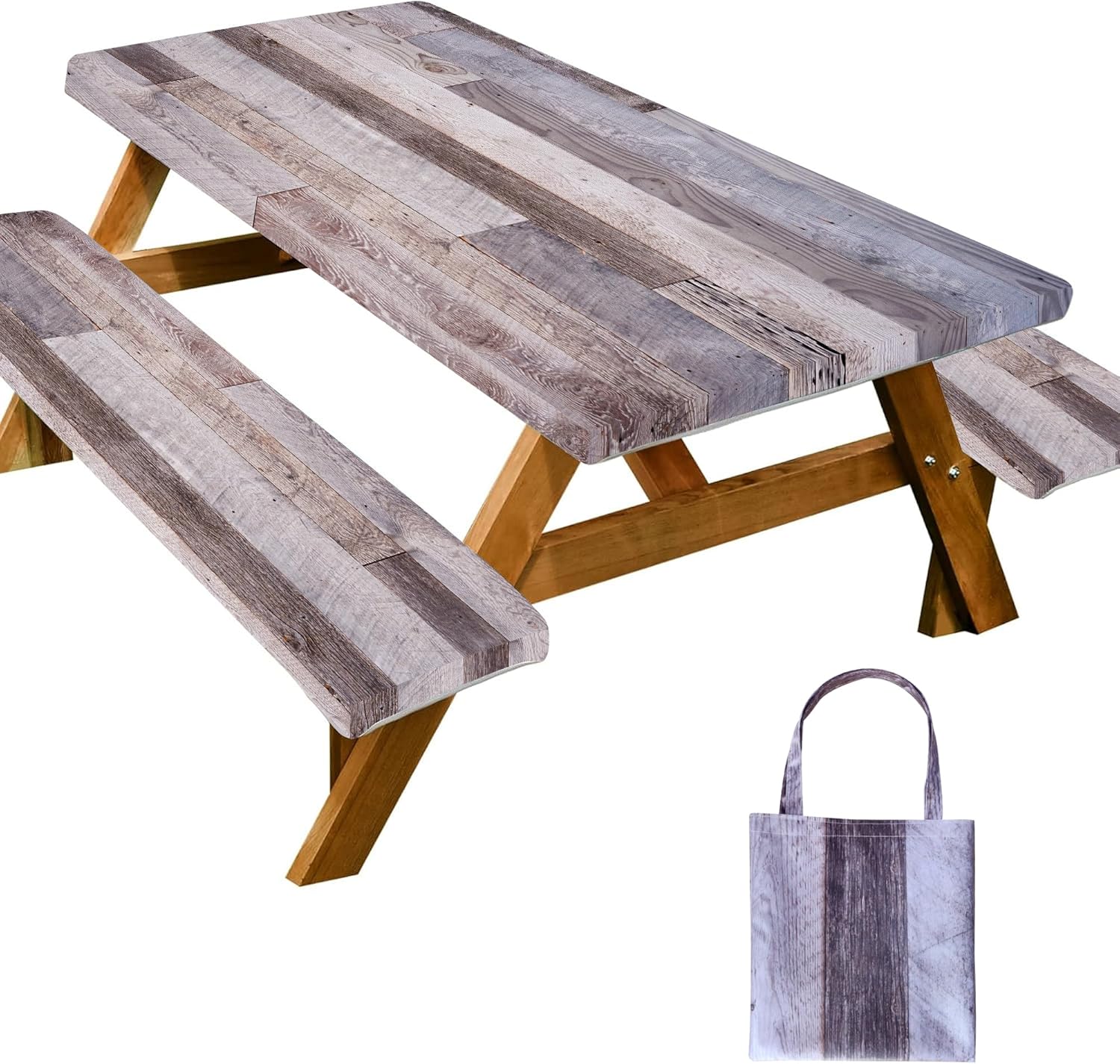 Picnic Table Cover with Bench Covers Farmhouse Waterproof Windproof Fitted Outdoor Tablecloth with Elastic Rectangle Table Cloth Camping Must Haves Rv Accessories,72x30 Inch (Wood )