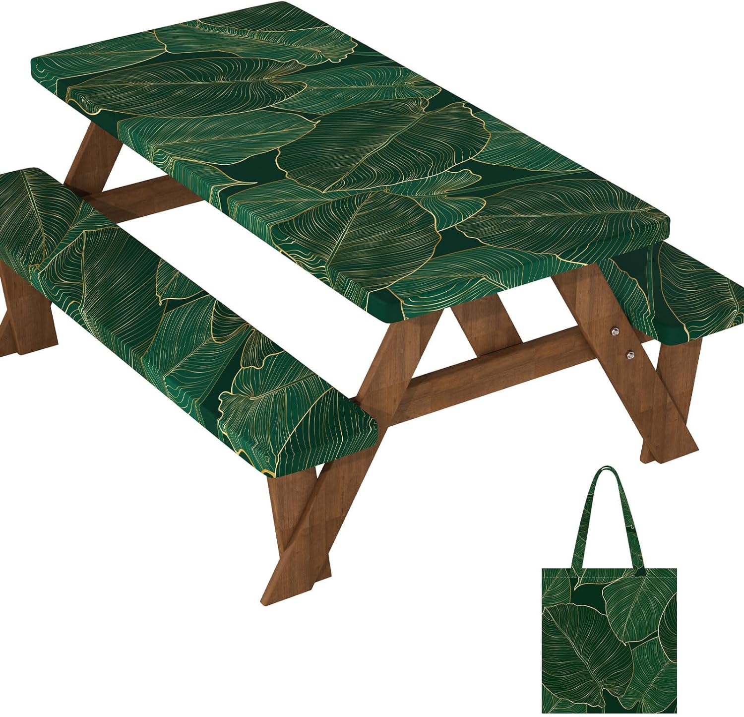 Picnic Table Cover with Bench Covers: Elastic Fitted Water-Resistant Windproof Tablecloth with Storage Bag - 72x30 Inches 3Pcs Set Patio Table Cover for Outdoor/Camping/Garden