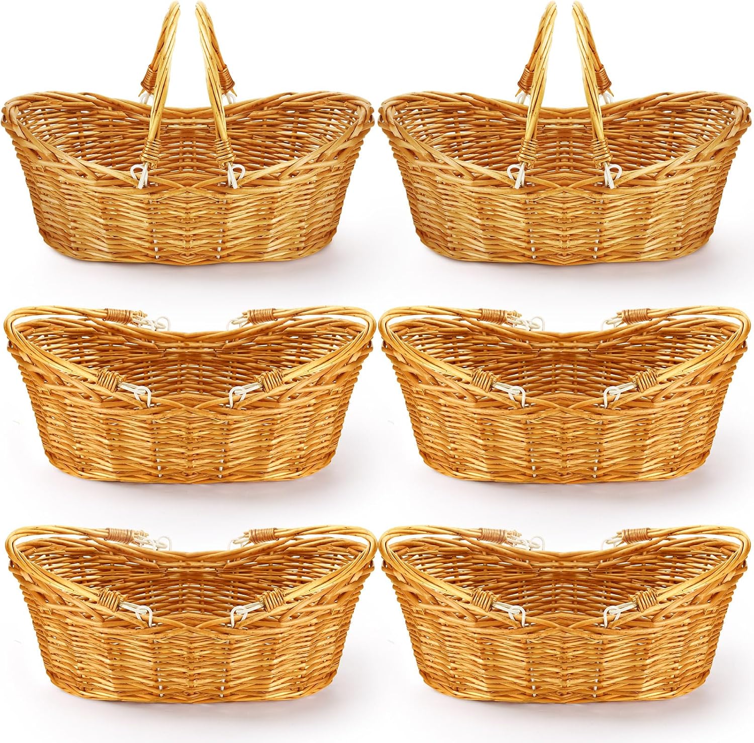 Wesiti 6 Pcs Wicker Picnic Basket with Handle, Hand Woven Harvest Basket Bulk, Wicker Flower Hoppet for Storage, Picnics, Easter, Organizing, Egg Gathering, Candy, Wedding(Light Brown)