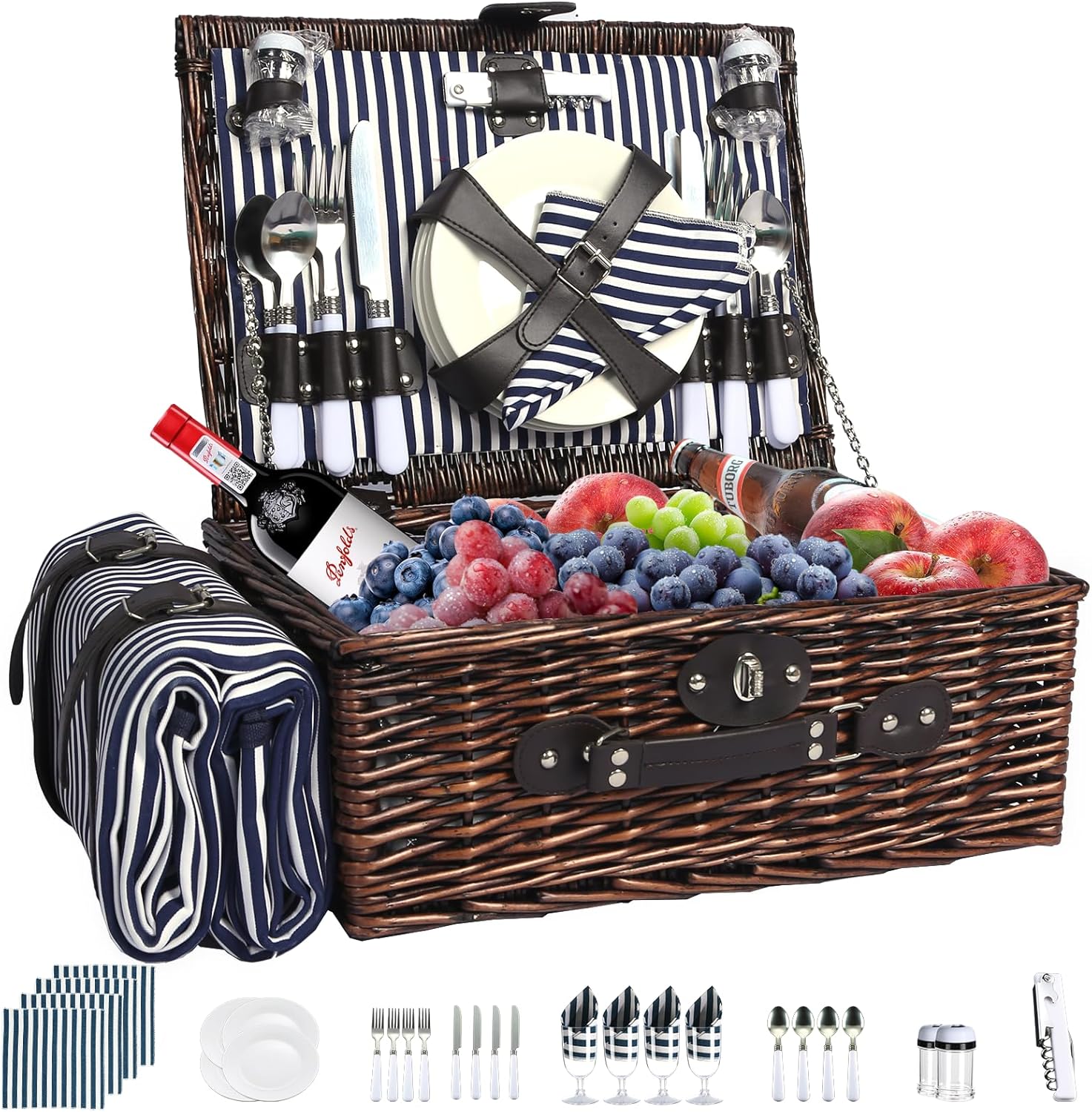 Picnic Basket for 4 Persons Willow Weaving Picnic Set with Cooler Insulation Bag and Waterproof Picnic mat Picnic Baskets for Camping,Wedding,Summer Beach, Outdoor,Birthday Gifts