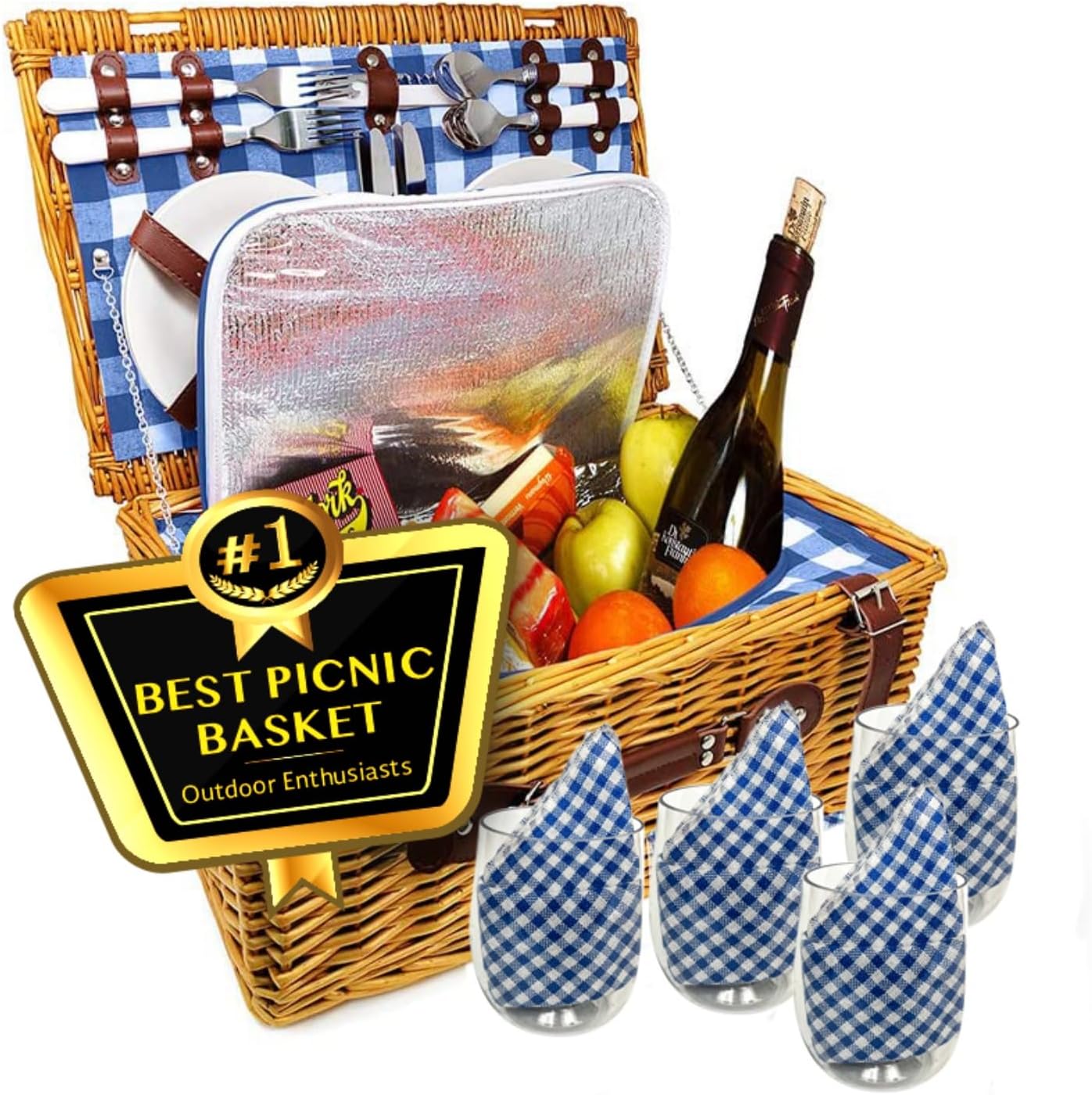 Nature Gear Picnic Basket, Wicker Basket with Handle for Outdoors, Insulated Woven Basket, Includes a Service Kit of Dinnerware & Wine Glasses, Picnic Basket Set for 4, Blue & White