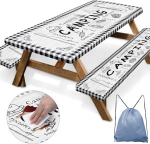 Picnic Table Cover with Bench Covers Elastic Edges, Farm Plaid Fitted Table Cover, Outdoor Patio Camping Essentials 60 Inch 3PCS, Waterproof Camping Fitted Tablecloth with Drawstring Bag