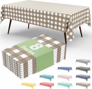 misaya 8 Packs Buffalo Disposable Table Cloth, 54 x 108 Inch Waterproof Plastic Tablecloth, Rectangle Khaki and White Checkered Table Covers for Picnic, Birthday, Party