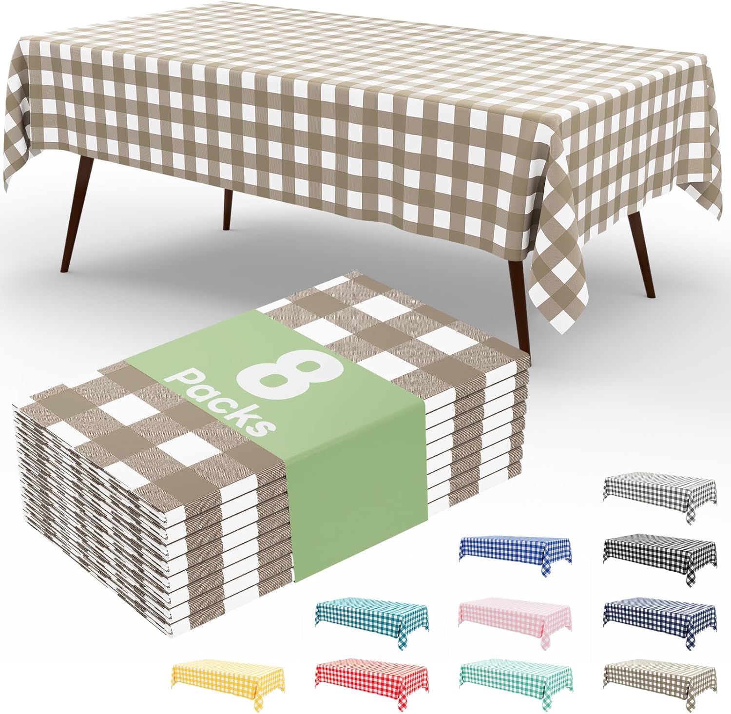 misaya 8 Packs Buffalo Disposable Table Cloth, 54 x 108 Inch Waterproof Plastic Tablecloth, Rectangle Khaki and White Checkered Table Covers for Picnic, Birthday, Party