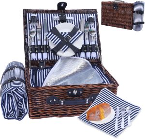Wicker Picnic Basket for 4 with Insulated Cooler & Waterproof Blanket - Handwoven Luxury Outdoor Set with Ceramic Plates, Perfect for Beach, Camping & Romantic Getaways