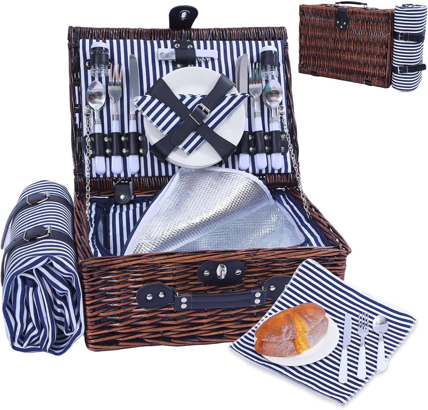Wicker Picnic Basket for 4 with Insulated Cooler & Waterproof Blanket - Handwoven Luxury Outdoor Set with Ceramic Plates, Perfect for Beach, Camping & Romantic Getaways