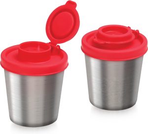SIGNORAWARE Salt and Pepper Shakers Moisture Proof Set of 2 Salt Shaker to go Camping Picnic Outdoors Kitchen Lunch Boxes Travel Spice Set with Red Lids stainless steel Airtight Dispenser