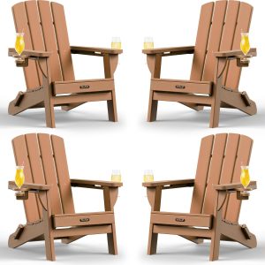 Folding Adirondack Chair 4 Pack, HDPE All-Weather Fire Pit Chairs, Plastic Adirondack Chairs with 2 Cup Holder, Outdoor Lawn Chair for Patio Garden (Teak)