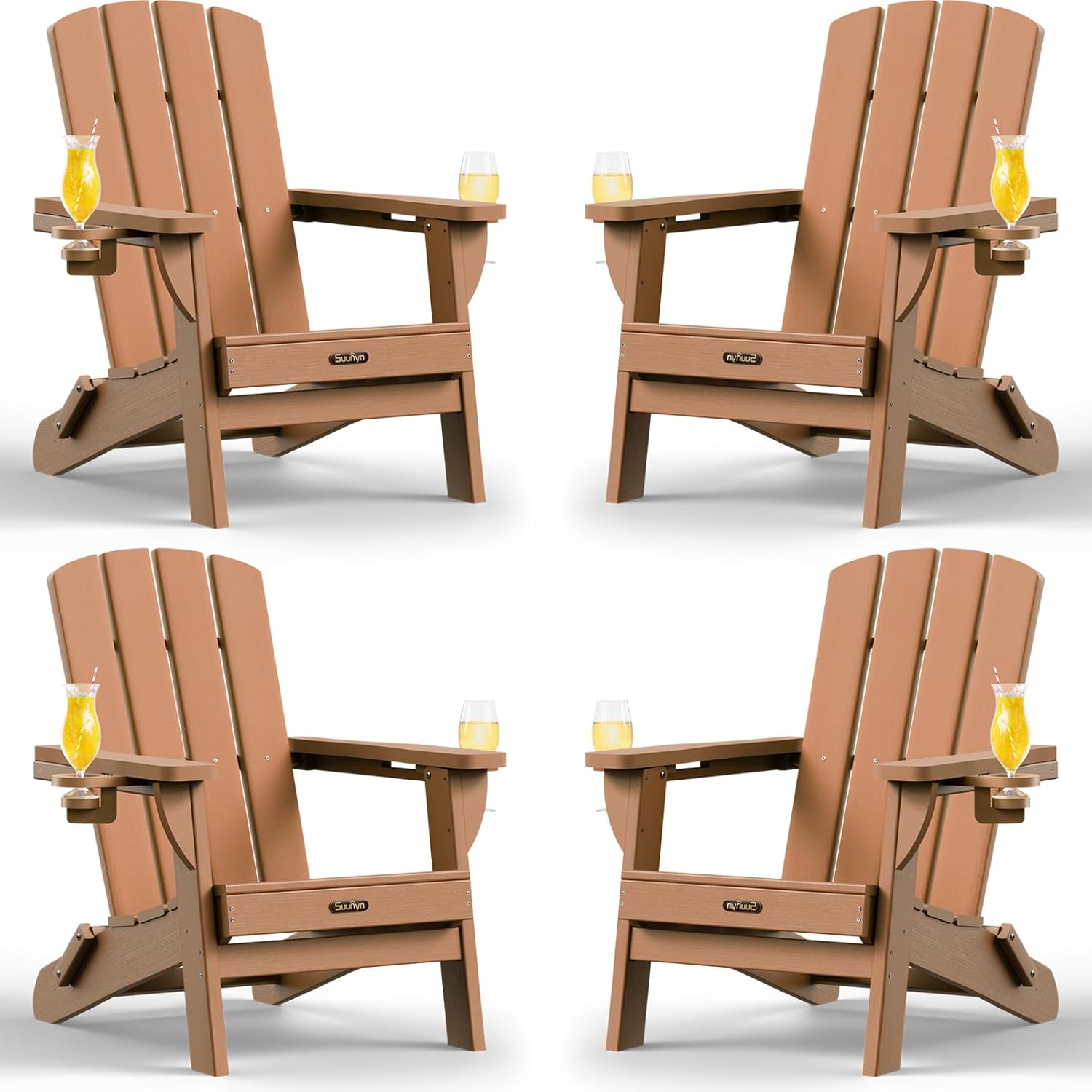 Folding Adirondack Chair 4 Pack, HDPE All-Weather Fire Pit Chairs, Plastic Adirondack Chairs with 2 Cup Holder, Outdoor Lawn Chair for Patio Garden (Teak)