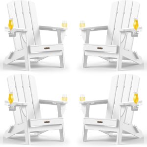 Folding Adirondack Chair 4 Pack, HDPE All-Weather Fire Pit Chairs, Plastic Adirondack Chairs with 2 Cup Holder, Outdoor Lawn Chair for Patio Garden (White)