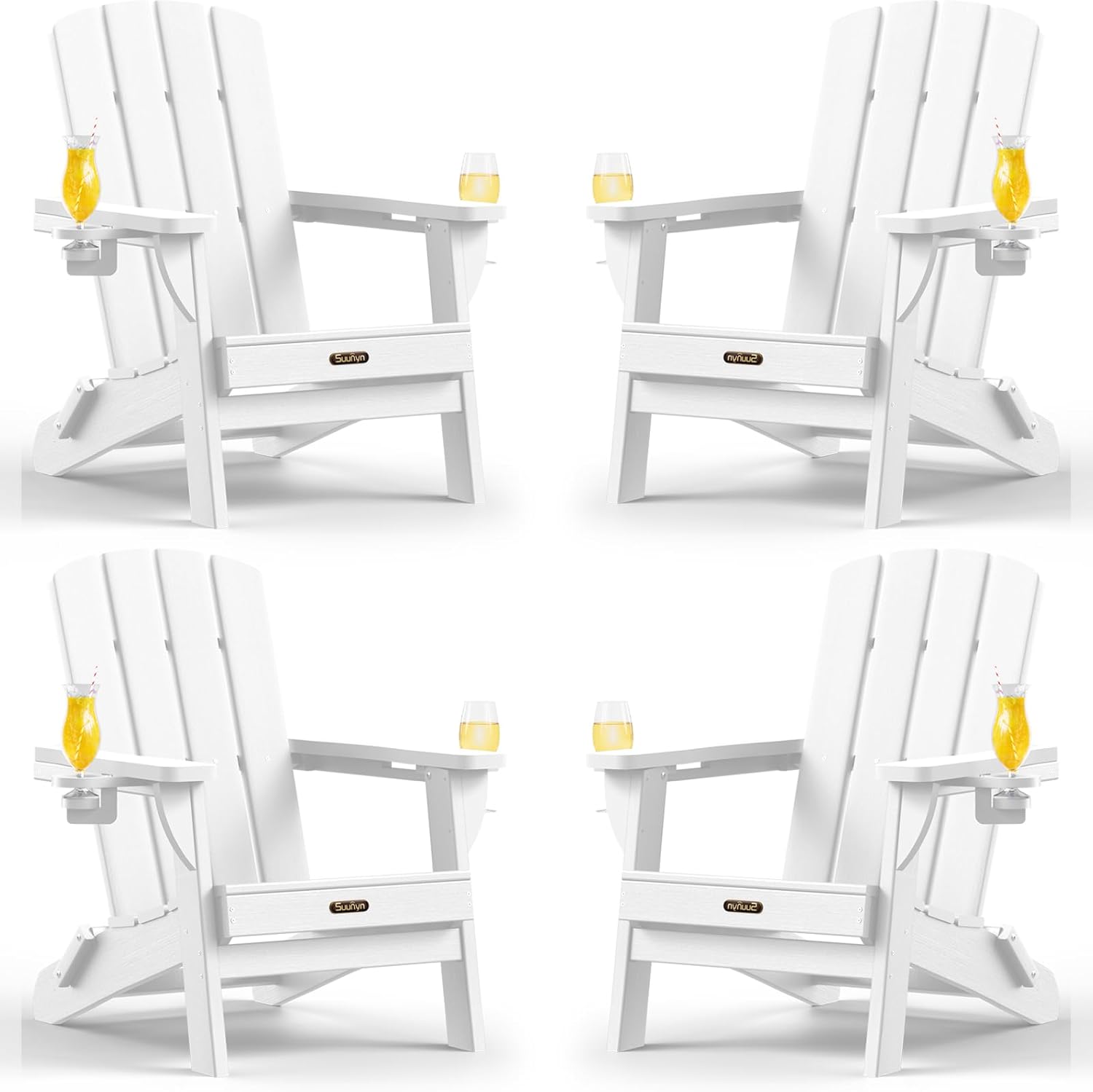 Folding Adirondack Chair 4 Pack, HDPE All-Weather Fire Pit Chairs, Plastic Adirondack Chairs with 2 Cup Holder, Outdoor Lawn Chair for Patio Garden (White)