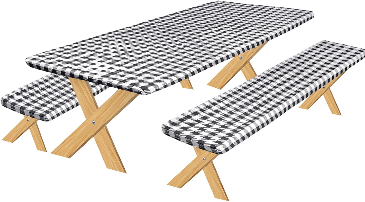 OutdoorLines Vinyl Fitted Picnic Table Cover with Bench Covers - Elastic Waterproof Camping Tablecloth for Picnic Table (Checkered Black, 96x30 Inch, 3 Pcs)