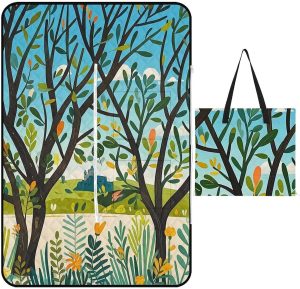 Exotic Tree Branch Sketch Cartoon Picnic Blanket with Zippered Tote Bag, Waterproof Portable Outdoor Blanket, Lightweight Foldable Outdoor Mat for Beach, Camping, Park, 150x100cm