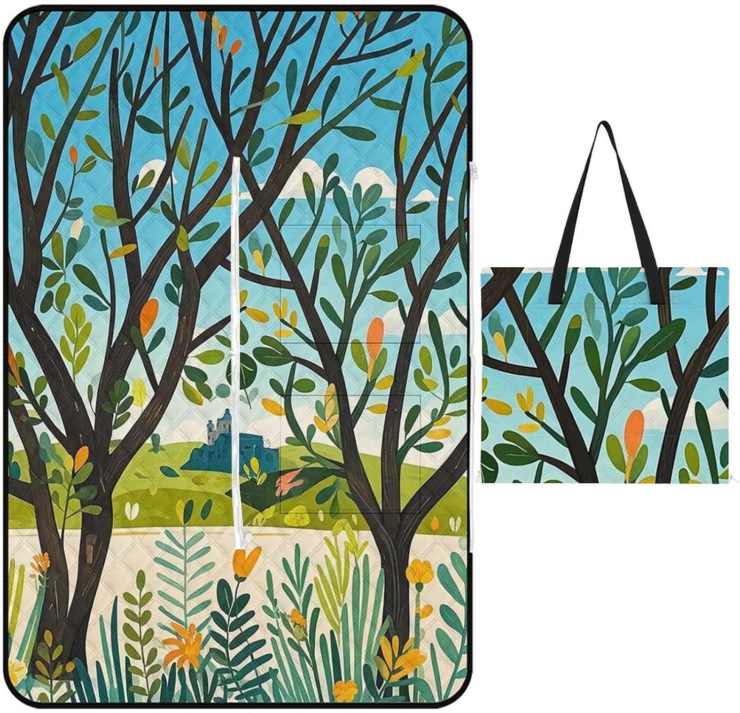 Exotic Tree Branch Sketch Cartoon Picnic Blanket with Zippered Tote Bag, Waterproof Portable Outdoor Blanket, Lightweight Foldable Outdoor Mat for Beach, Camping, Park, 150x100cm