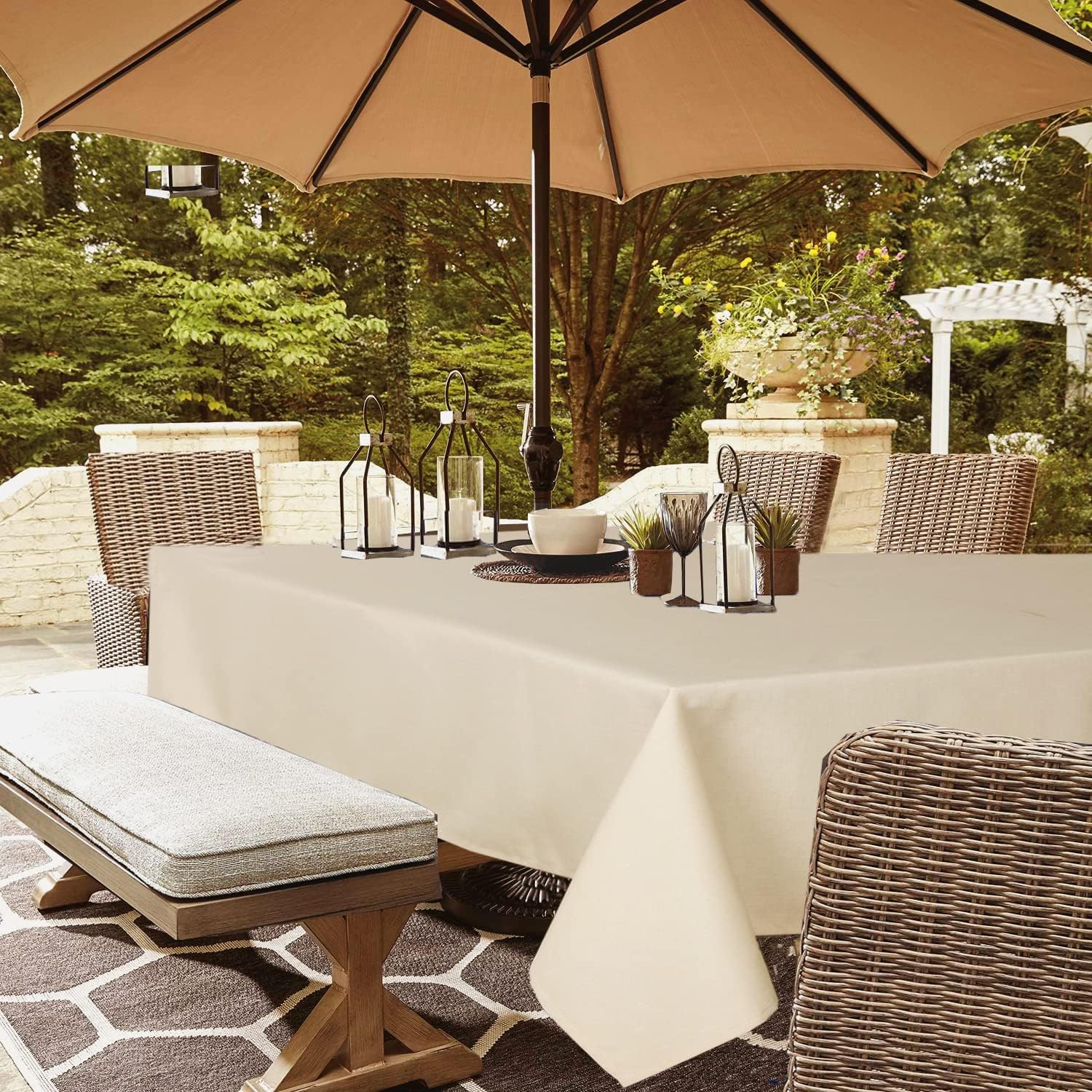 Outdoor Tablecloth Wrinkle-Free Stain Resistant Waterproof Polyester Fabric Table Cover with Zipper Umbrella Hole for Picnic/Party/Dinner/Patio Garden(60×84inch,Zippered,Nature)