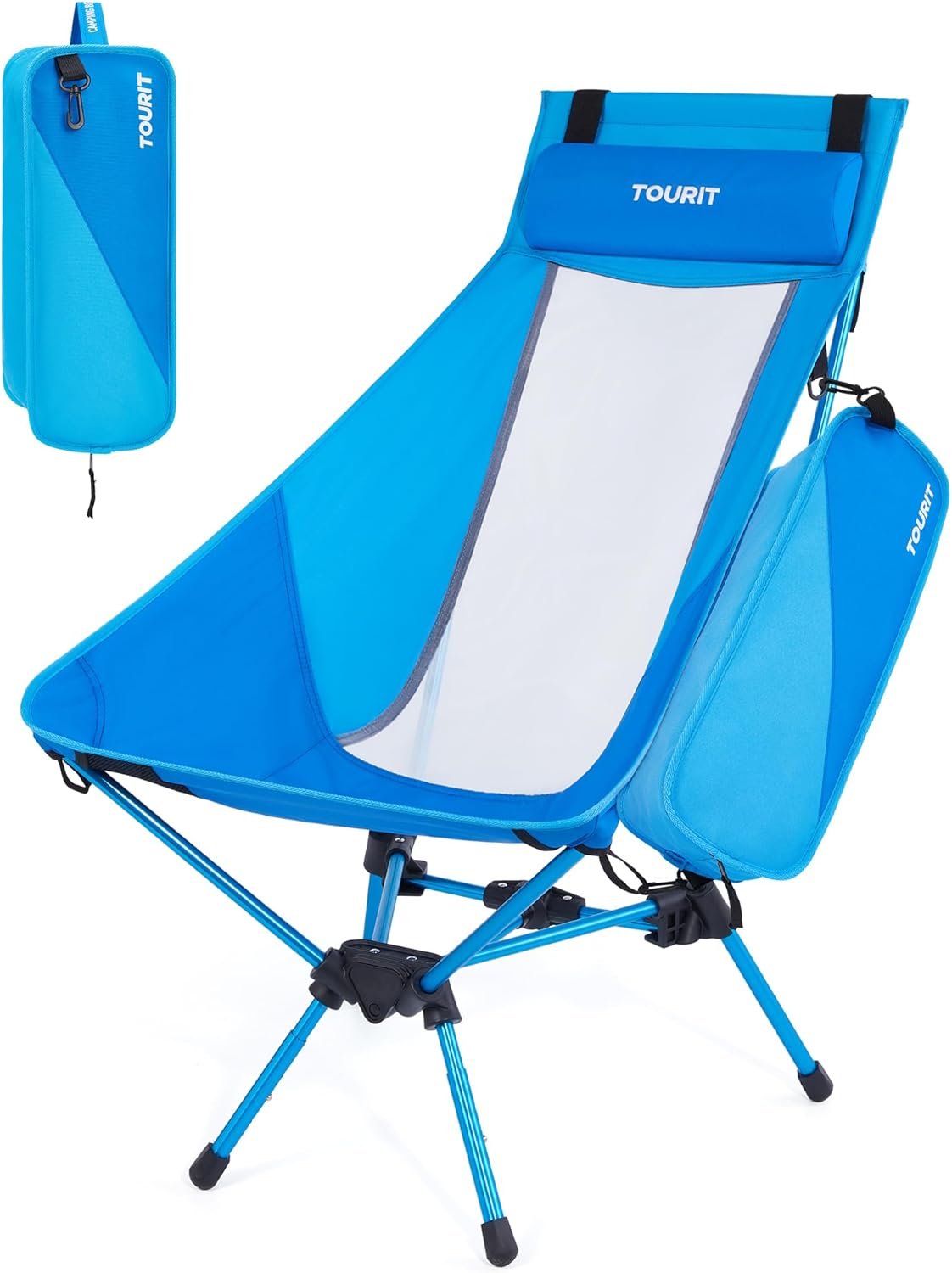 TOURIT Portable Folding Camping Backpack Chair with Head Support, High Back Stable Compact Outdoor Chair for Beach Picnic Travel Hiking, Supports 380 Lbs, Blue