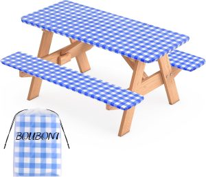 3 Pcs Set Fitted Picnic Table Cover with Bench Covers Vinyl Camping Table Cloth Flannel Backing Picnic Table Cloth for 6ft Tables Camping Outdoor (Blue Checked, 30 x 72 Inches)