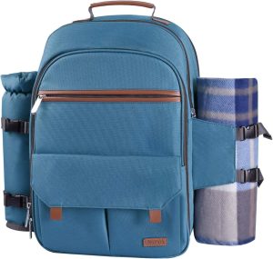 Sunflora Picnic Backpack for 4 Person with Blanket Picnic Basket Set for 2 with Insulated Cooler Wine Pouch for Family Couples (Light Blue)