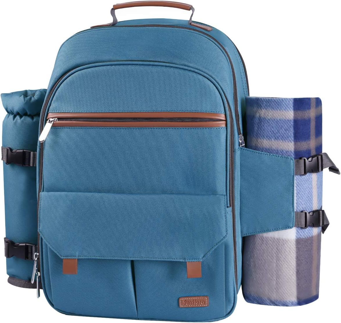 Sunflora Picnic Backpack for 4 Person with Blanket Picnic Basket Set for 2 with Insulated Cooler Wine Pouch for Family Couples (Light Blue)