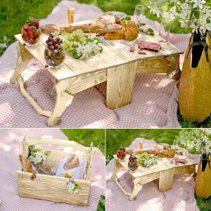 Wooden 2 in 1 Folding Picnic Basket Table, Outdoor Folding Picnic Table,Picnic Basket with Table with Glass Holder, Outdoor Fruit Cheese Snack Picnic Tray (White)