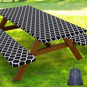 Smiry Picnic Table Cover with Bench Covers, Waterproof Elastic Fitted Tablecloth for 6 Foot Tables, Washable Polyester Tablecloths for Camping, Indoor & Outdoor (Black Morocco, 30x72 Inch 3-pc Set)
