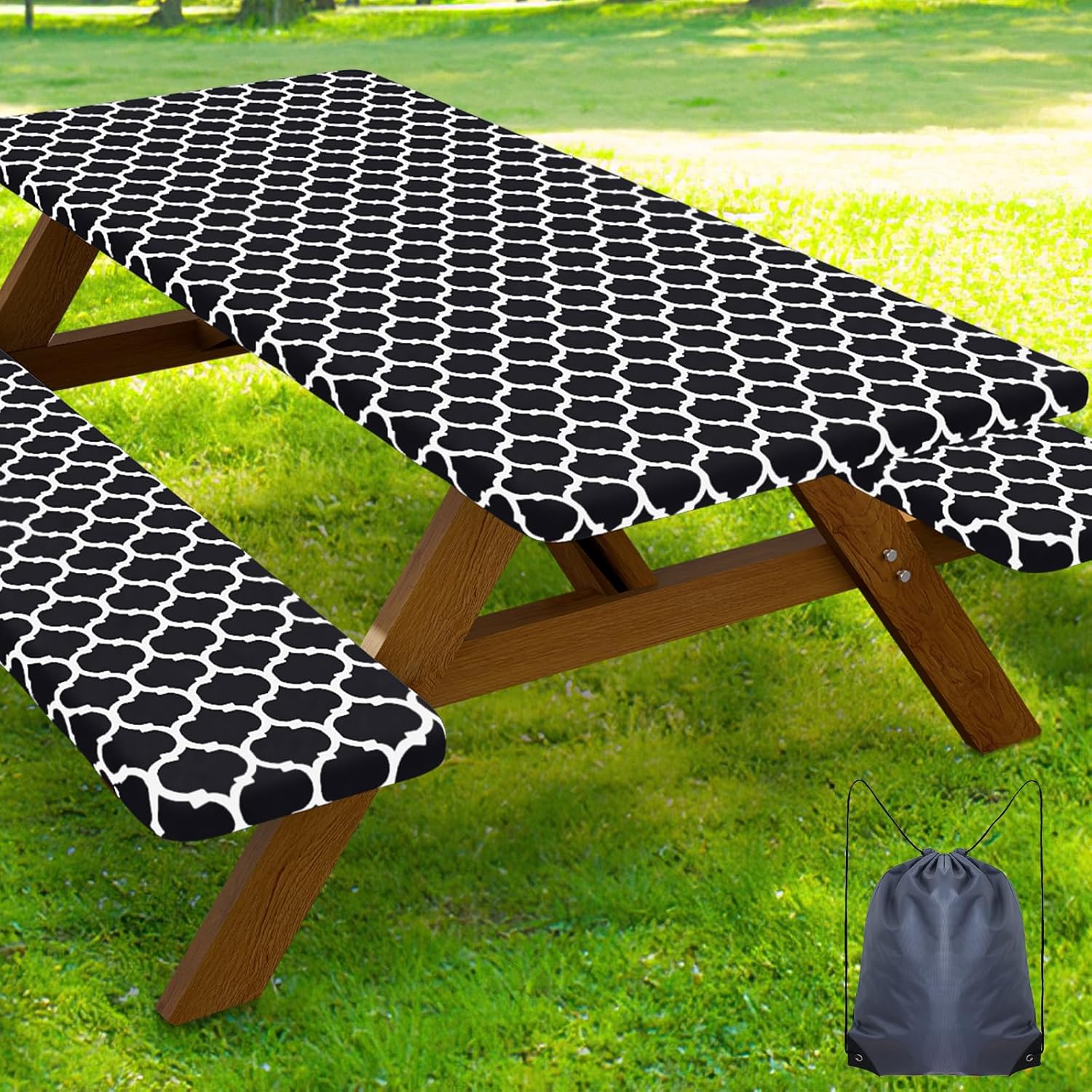 Smiry Picnic Table Cover with Bench Covers, Waterproof Elastic Fitted Tablecloth for 6 Foot Tables, Washable Polyester Tablecloths for Camping, Indoor & Outdoor (Black Morocco, 30x72 Inch 3-pc Set)