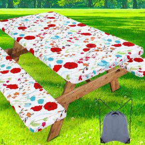 misaya Picnic Table Cover with Bench Cover, Waterproof Elastic Fitted Tablecloth for 8 Foot Tables, Rectangle Washable Polyester Fabric Tablecloths for Picnic, Camping, Outdoor (Flower, 30" x 96")