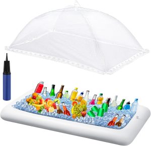 Leitee Inflatable Serving Bar Kit Includes Salad Buffet Tray with Drain Plug Mesh Food Cover Food Drink Containers and Inflator for Ice Supplies Party Camping Summer Picnic (White,3 Pcs)