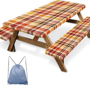 Picnic Table Cover with Bench Covers Elastic Edges, Fall Autumn Fitted Table Cover, Outdoor Patio Camping Essentials 72 Inch 3PCS, Waterproof Camping Fitted Tablecloth with Drawstring Bag