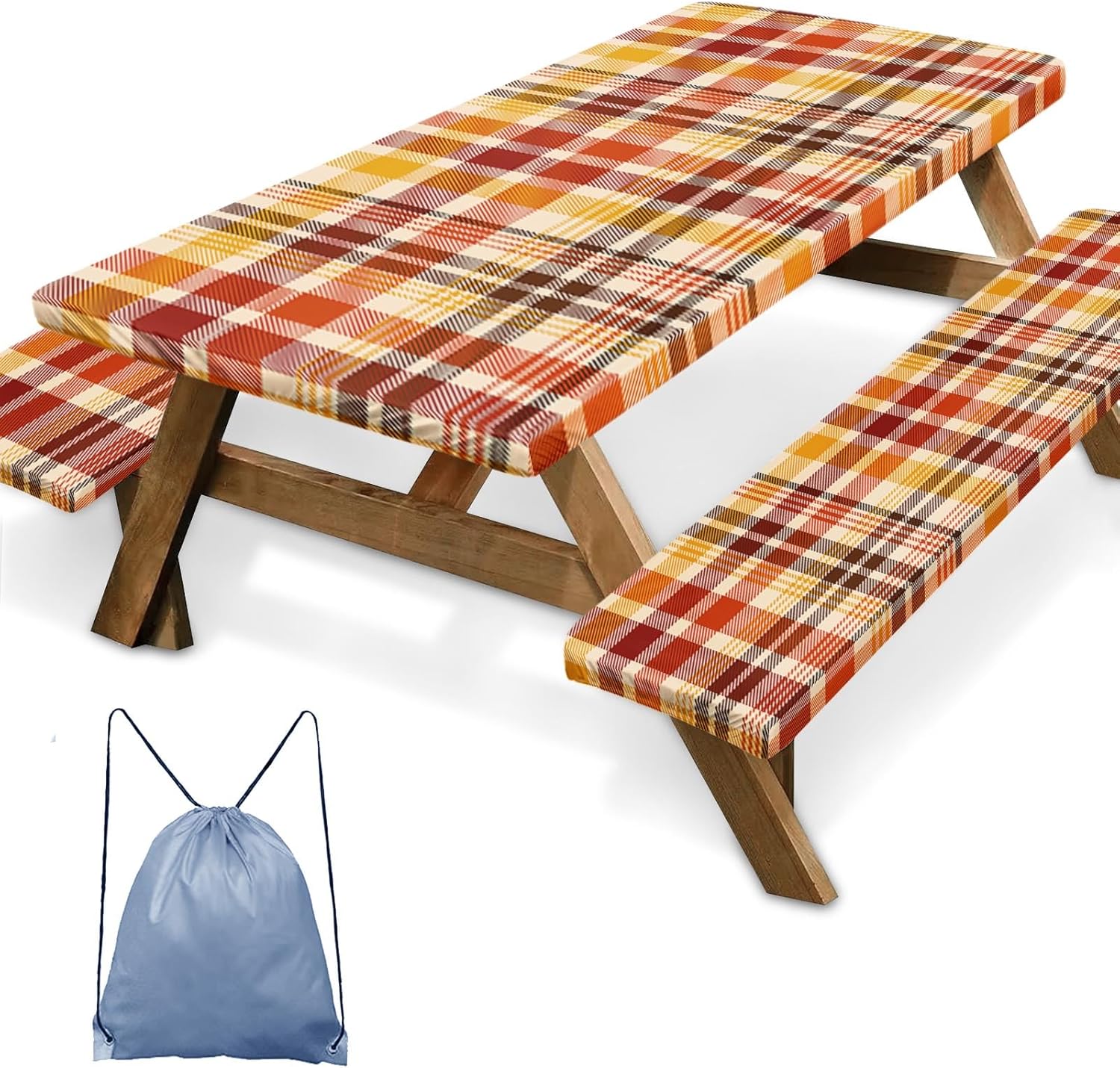 Picnic Table Cover with Bench Covers Elastic Edges, Fall Autumn Fitted Table Cover, Outdoor Patio Camping Essentials 72 Inch 3PCS, Waterproof Camping Fitted Tablecloth with Drawstring Bag