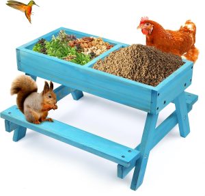 Chicken Picnic Table, Chicken Feeder No Waste Handmade Wooden, Large DIY Chicken Feeder Kit, Wild Bird, Duck & Squirrel Feeders, Mesh Bottom Keep Food Fresh and Dry Easy to Clean and Fill（Blue Paint）