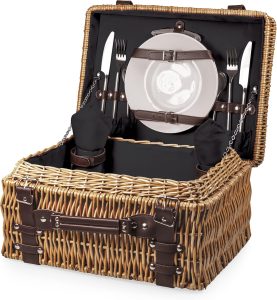 PICNIC TIME Champion Picnic Basket for 2, Large Wicker Hamper Set with Cutlery Service Kit (Black with Brown Accents)
