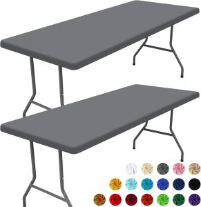 Spandex Picnic Table Cloth 2 Pack, Elastic Fitted Tablecloths for 8 Foot Rectangle Tables, Stretch Washable Patio Table Cover for Outdoor, Camping, Banquet and Parties (Grey, 30"x96")