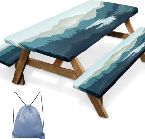 Picnic Table Cover with Bench Covers Elastic Edges, Mountain Landscape Fitted Table Cover, Outdoor Patio Camping Essentials 60 Inch 3PCS, Waterproof Fitted Tablecloth with Drawstring Bag