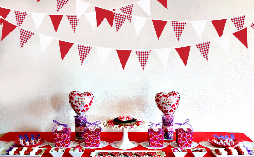 Red Party Decorations Red Plaid Checkered White Triangle Flag Pennant Bunting Fabric Garland