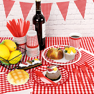 durony 146 Piece Red and White Plaid Gingham Party Supplies