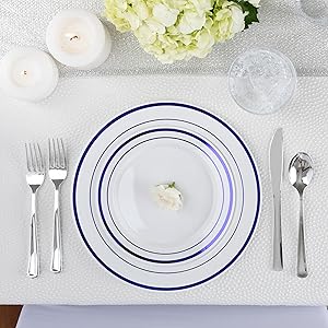 Fancy Disposable Plates with Cutlery - Blue Plastic Party Plates - Silverware for Weddings